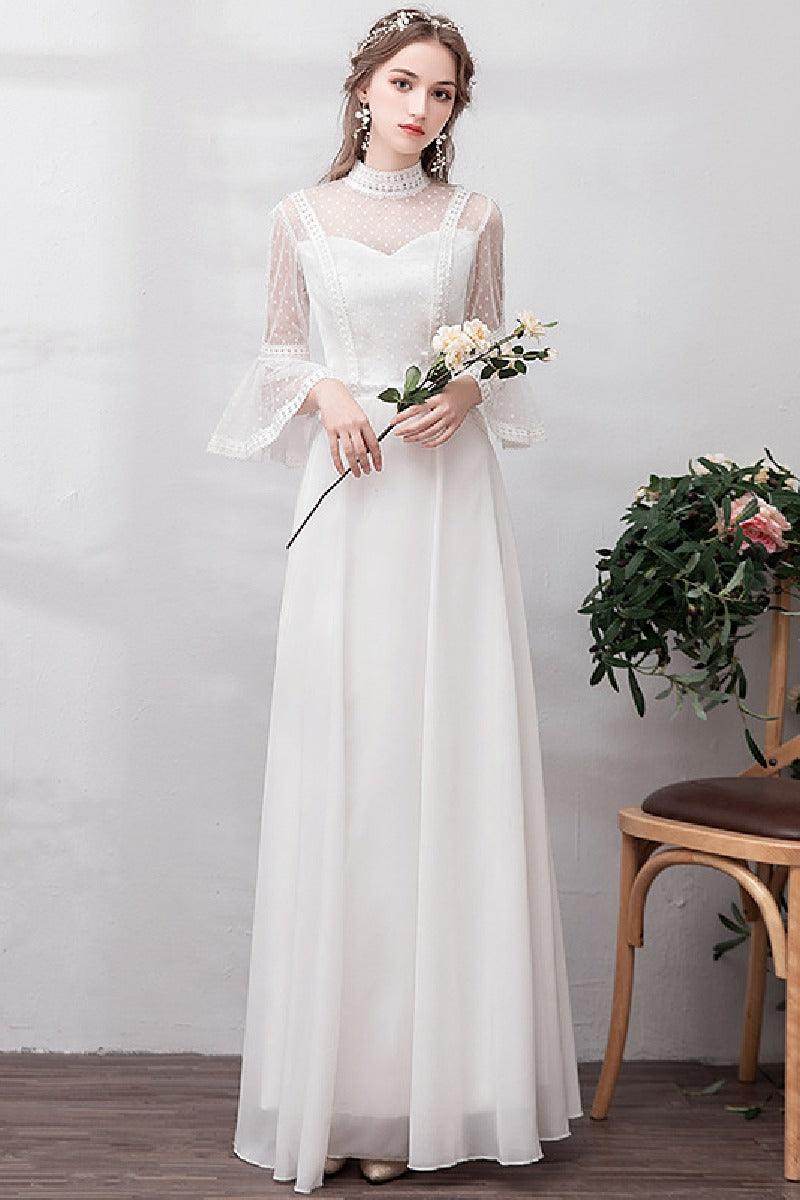 A-Line Floor Length Lace Chiffon Wedding Dress 675587354668 - COCOMELODY
